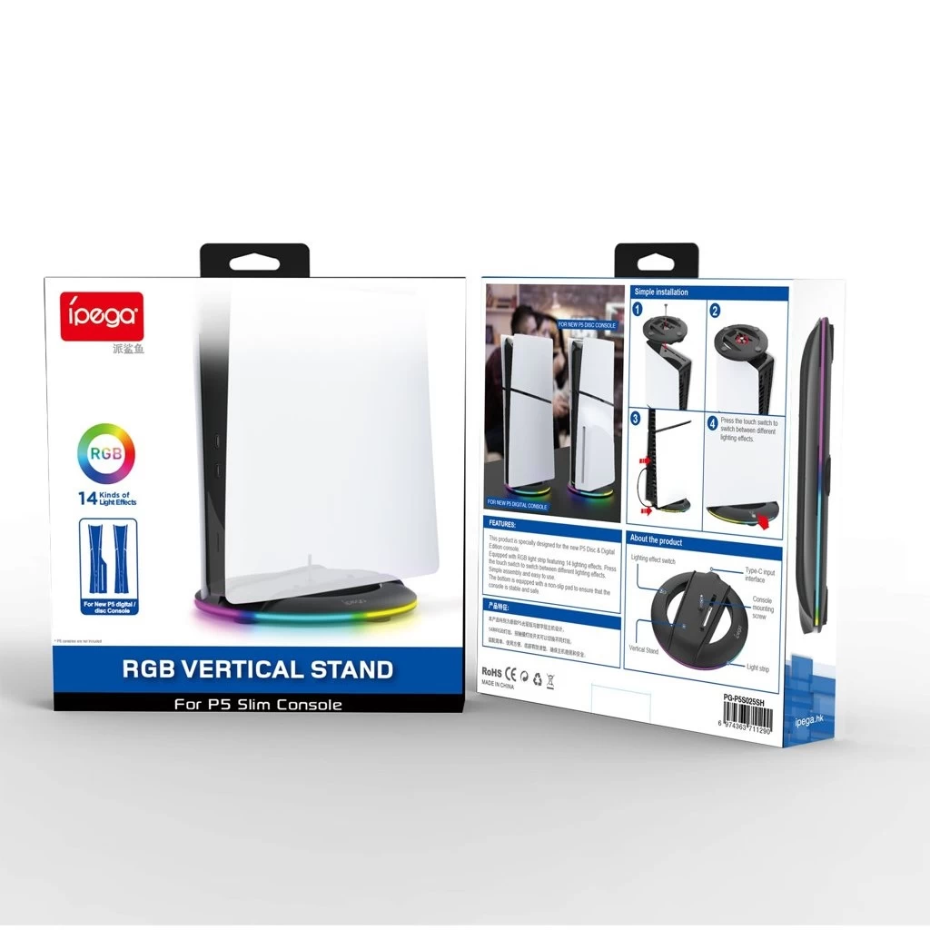 iPega P5S025SH függőleges állvány RGB-vel PS5 Slim/PS5 Pro készülékhez fekete