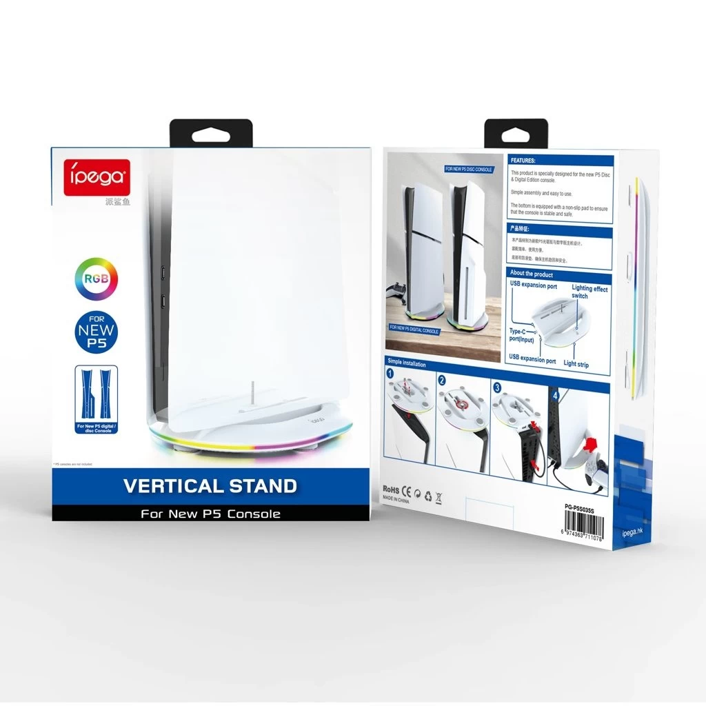 iPega P5S035SA függőleges állvány (2xUSB-A) RGB-vel PS5 Slim/PS5 Pro készülékhez fehér