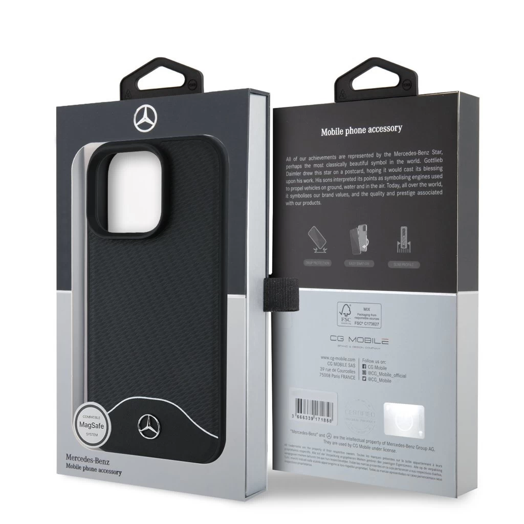 Mercedes Wood Imitation and Smooth Leather MagSafe tok iPhone 16 Pro Max készülékhez fekete