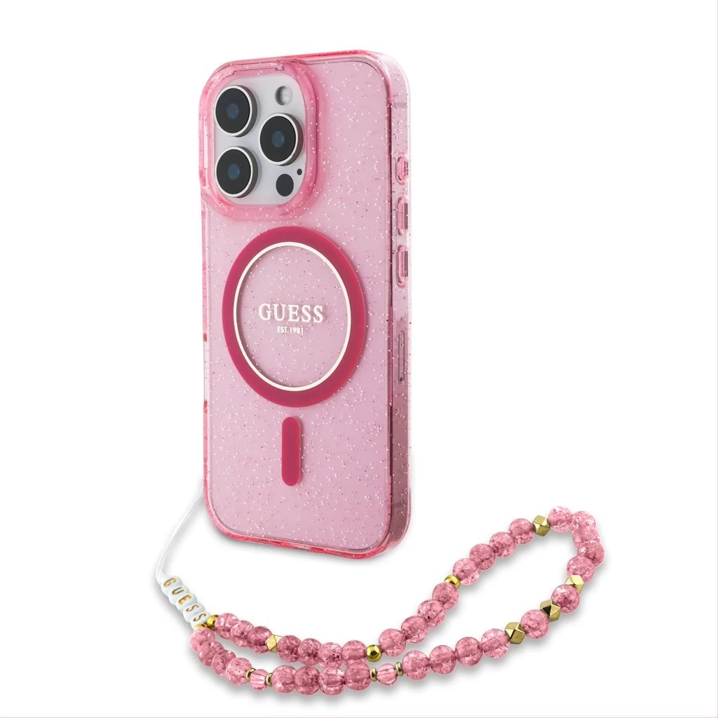 Guess IML Glitter Strap MagSafe tok iPhone 16 Pro készülékhez rózsaszín