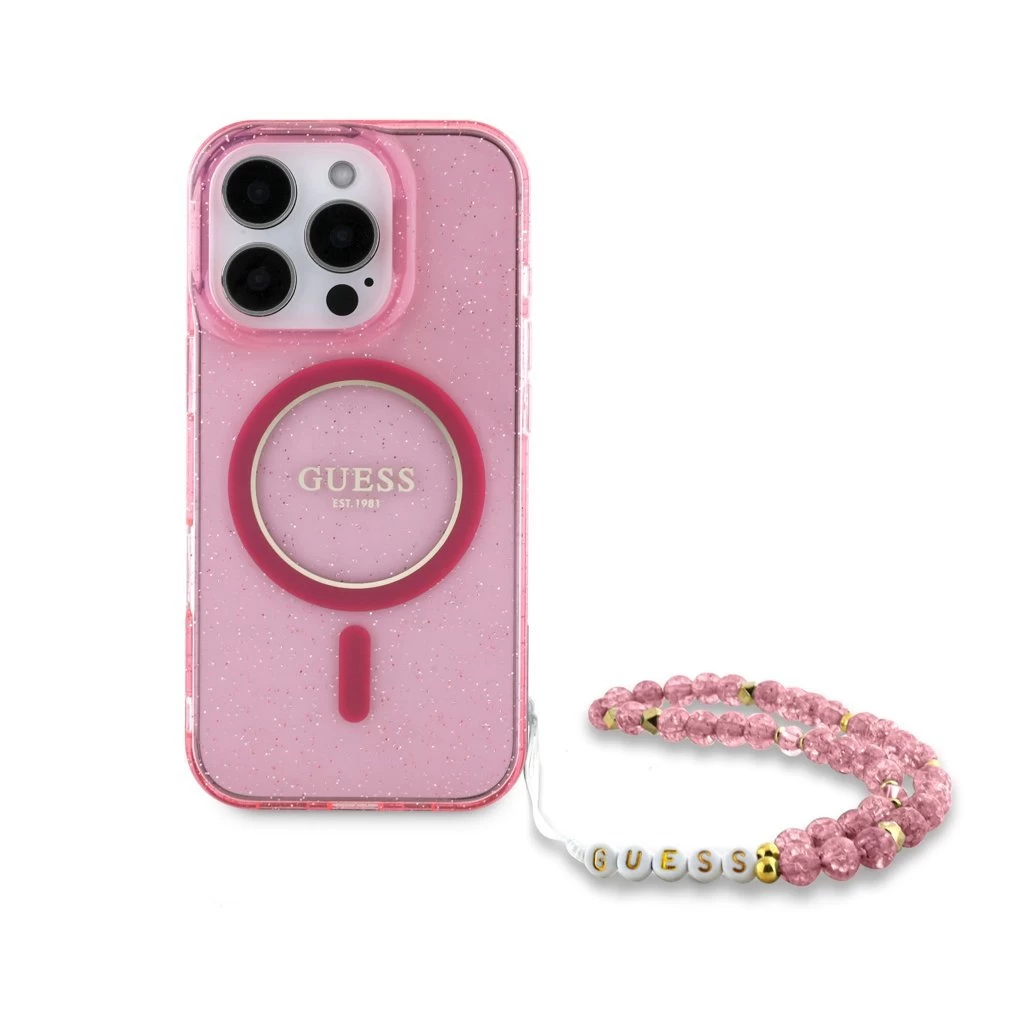Guess IML Glitter Strap MagSafe tok iPhone 16 Pro Max készülékhez rózsaszín