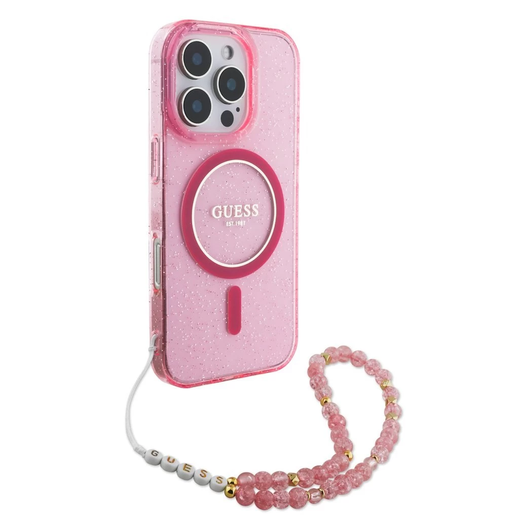Guess IML Glitter Strap MagSafe tok iPhone 16 Pro Max készülékhez rózsaszín
