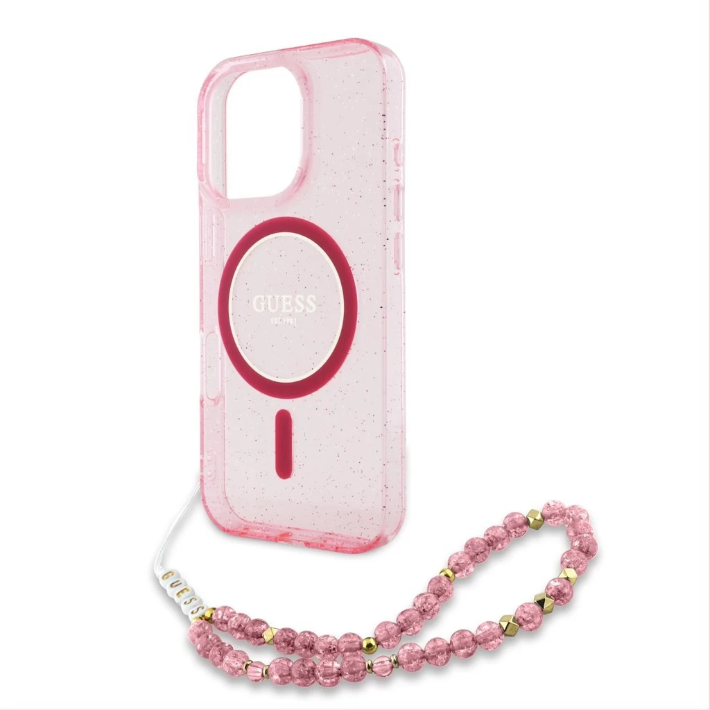 Guess IML Glitter Strap MagSafe tok iPhone 16 Pro Max készülékhez rózsaszín