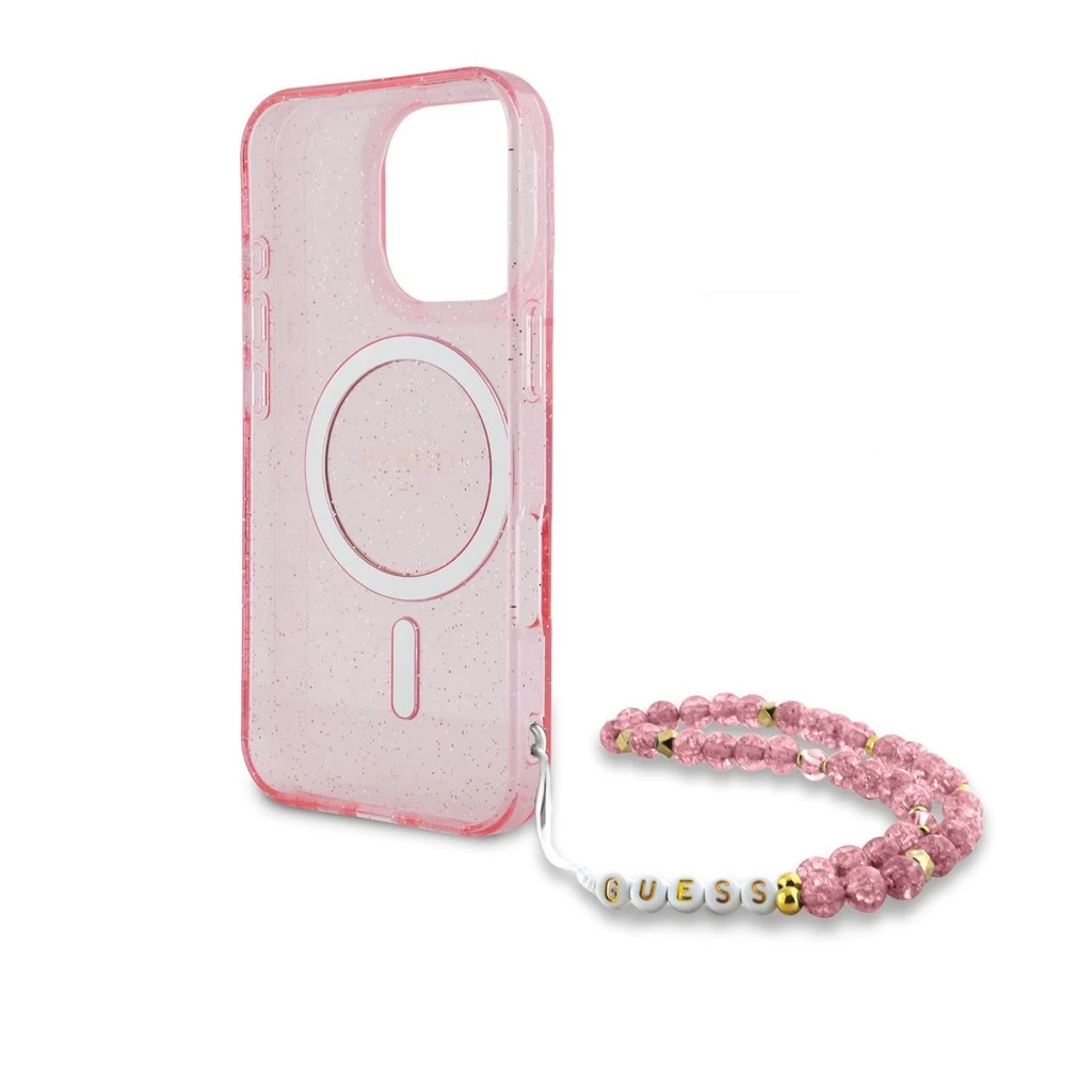 Guess IML Glitter Strap MagSafe tok iPhone 16 Pro Max készülékhez rózsaszín