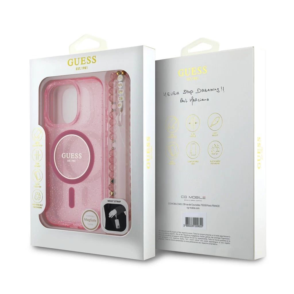 Guess IML Glitter Strap MagSafe tok iPhone 16 Pro Max készülékhez rózsaszín