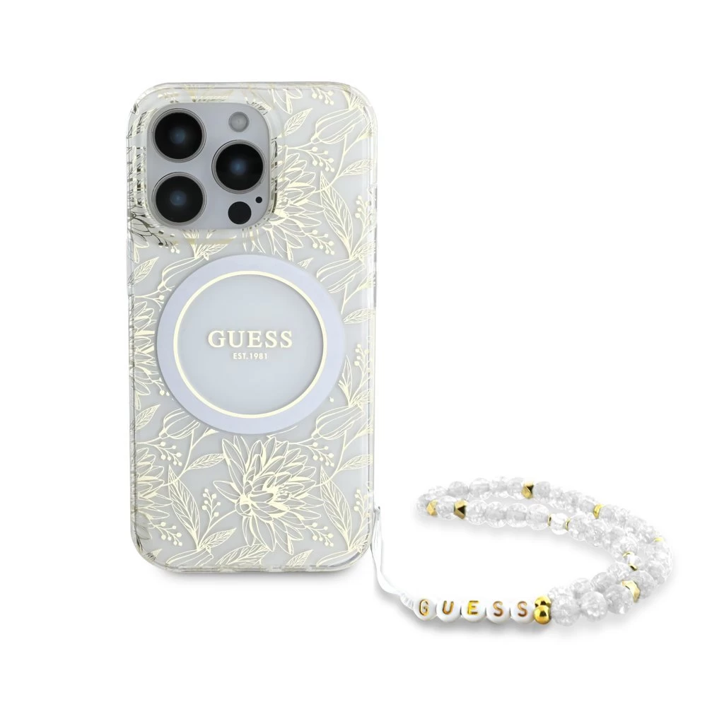 Guess IML Flowers Allover Strap MagSafe tok iPhone 16 Pro Max készülékhez fehér