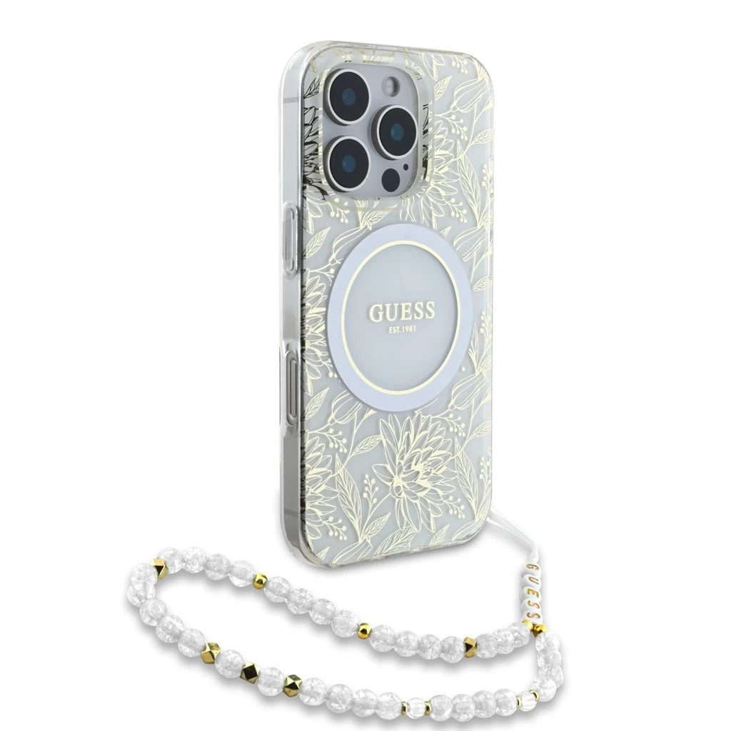 Guess IML Flowers Allover Strap MagSafe tok iPhone 16 Pro Max készülékhez fehér