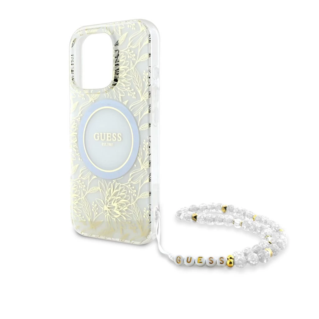 Guess IML Flowers Allover Strap MagSafe tok iPhone 16 Pro Max készülékhez fehér