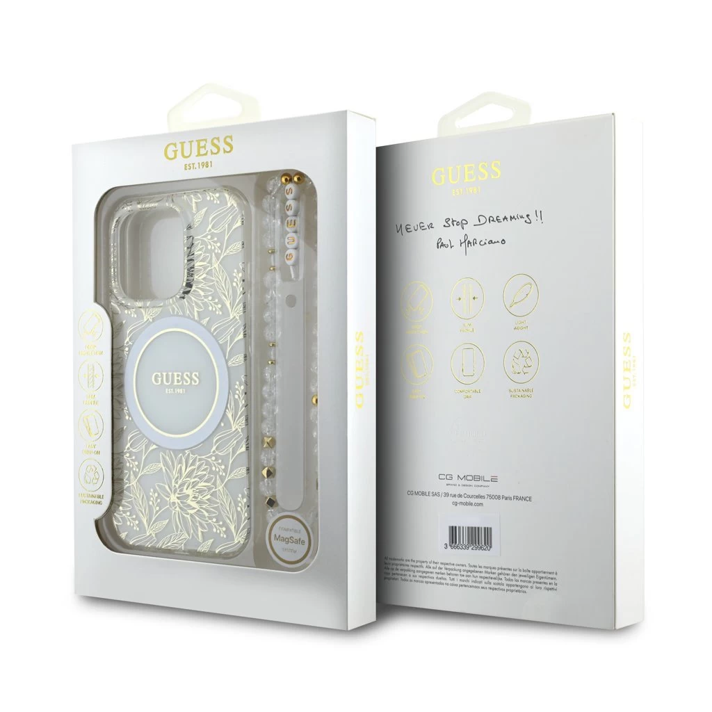 Guess IML Flowers Allover Strap MagSafe tok iPhone 16 Pro Max készülékhez fehér