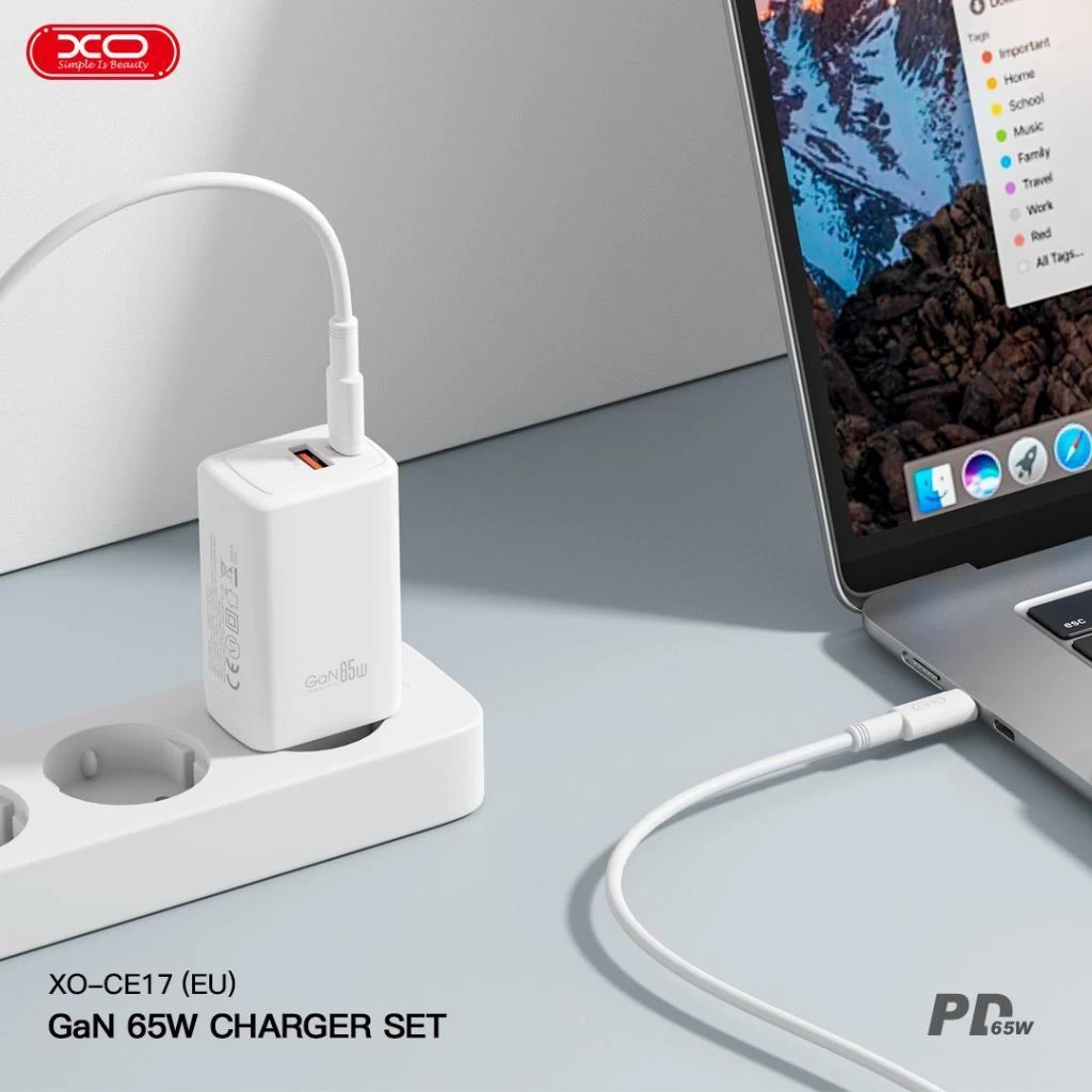 XO Hálózat Töltő CE17 1xUSB 1xUSB-C 65W GAN Fehér