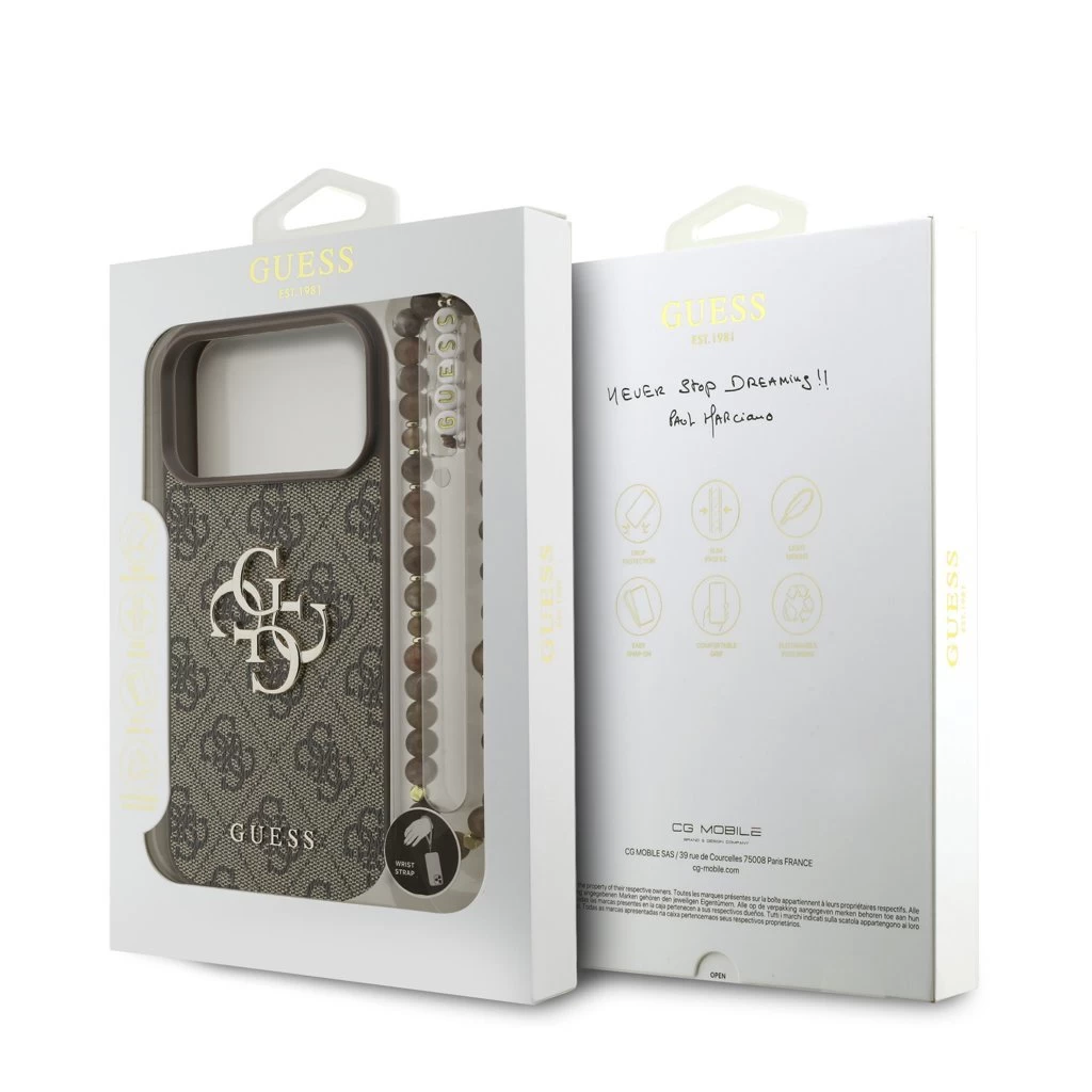 Guess PU 4G Metal Logo Strap hátsó tok iPhone 17 Pro Max készülékhez barna