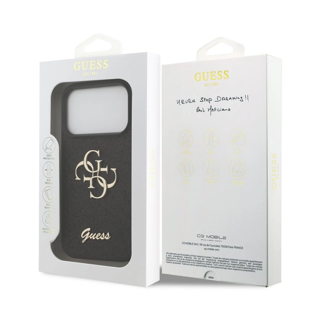 Guess PU Fixed Glitter 4G Metal Logo tok iPhone 17 Pro készülékhez fekete