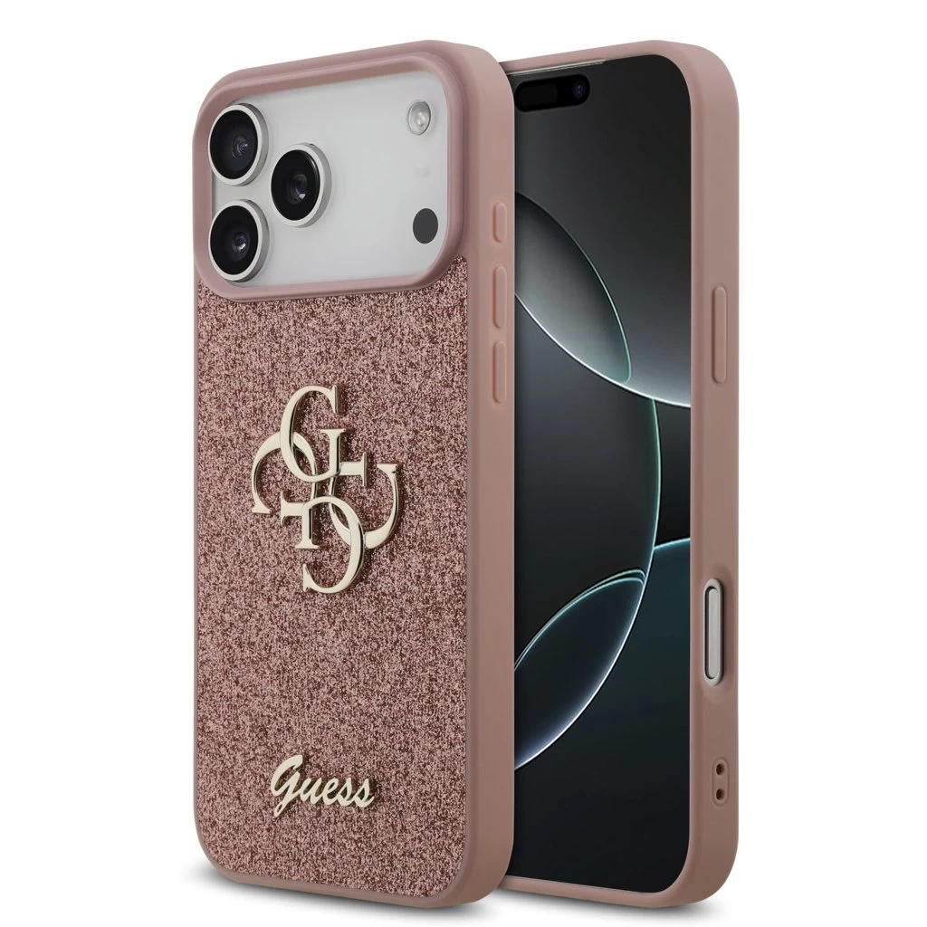 Guess PU Fixed Glitter 4G Metal Logo hátsó tok iPhone 17 Pro Max készülékhez rózsaszín