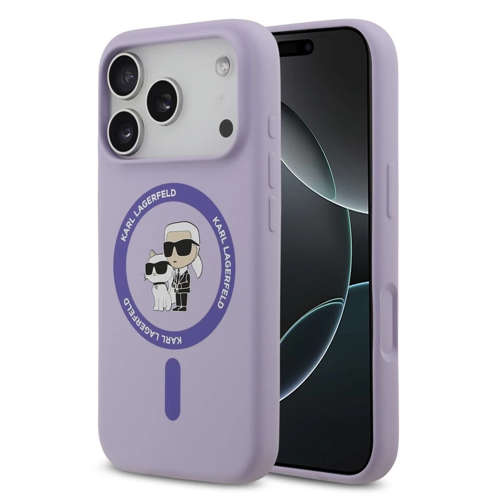 Karl Lagerfeld Liquid Silicone Karl and Choupette MagSafe Hátsó Tok iPhone 17 Pro készülékhez lila