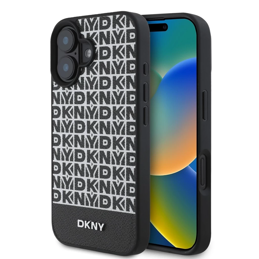 DKNY PU Leather Repeat Pattern Bottom Stripe MagSafe tok iPhone 16 készülékhez fekete DKNY PU Leather Repeat Pattern Bottom Stripe MagSafe tok iPhone 16 készülékhez fekete