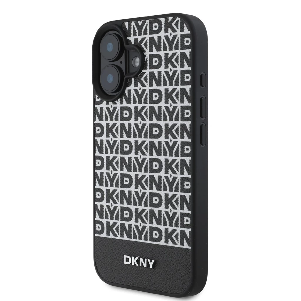 DKNY PU Leather Repeat Pattern Bottom Stripe MagSafe tok iPhone 16 készülékhez fekete