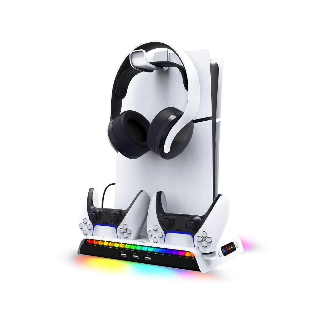 iPega P5S006 Multifunkcionális töltőállvány RGB hűtéssel PS5 Slim készülékhez fehér (hibás csomagolás)