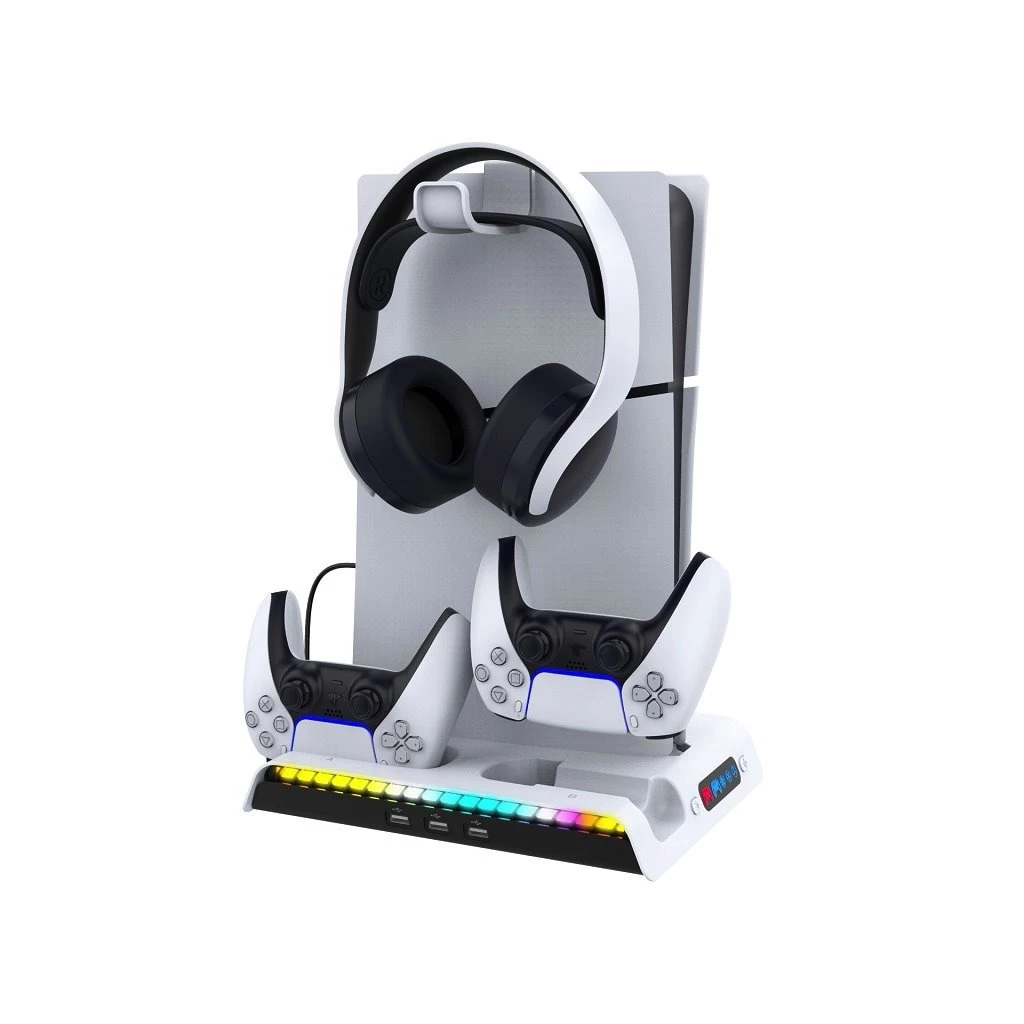 iPega P5S006 Multifunkcionális töltőállvány RGB hűtéssel PS5 Slim készülékhez fehér (hibás csomagolás)
