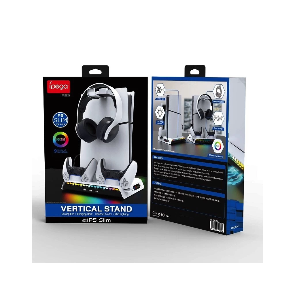 iPega P5S006 Multifunkcionális töltőállvány RGB hűtéssel PS5 Slim készülékhez fehér (hibás csomagolás)