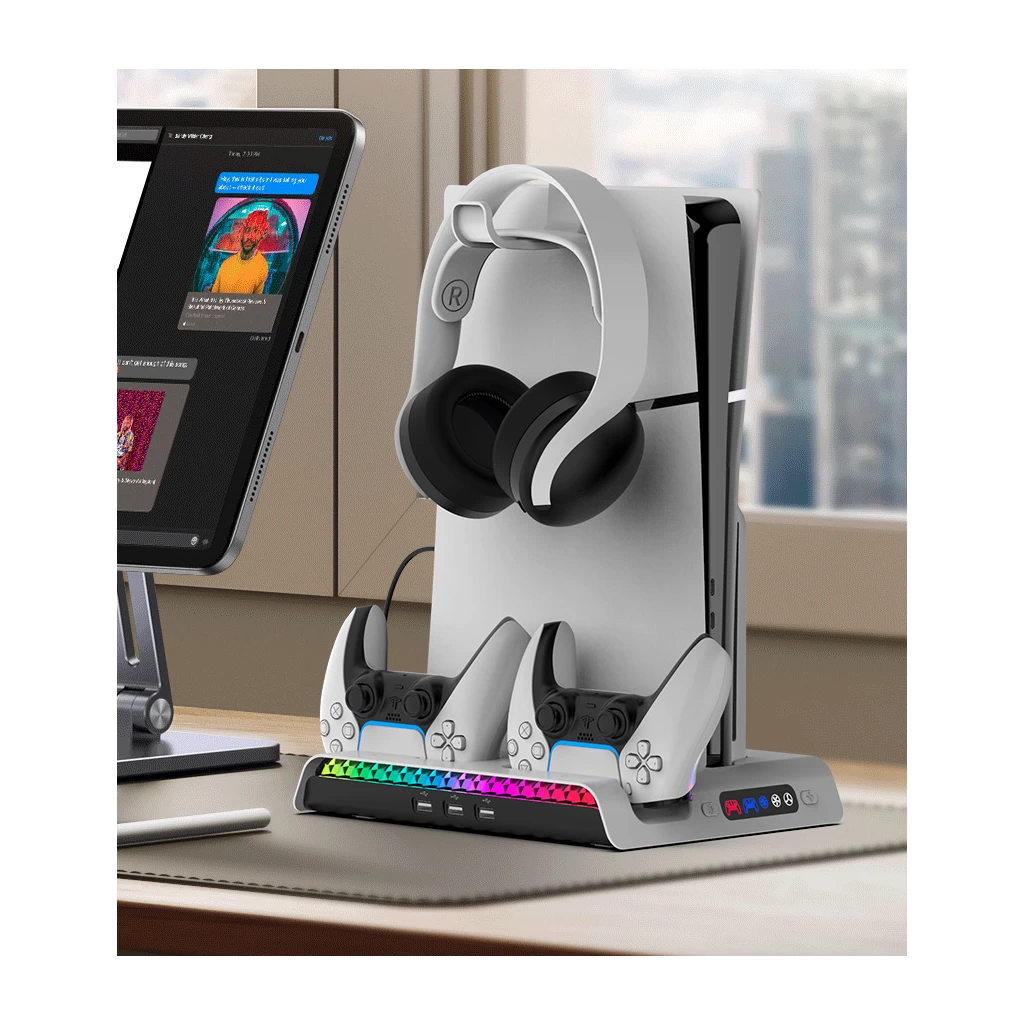 iPega P5S006 Multifunkcionális töltőállvány RGB hűtéssel PS5 Slim készülékhez fehér (hibás csomagolás)