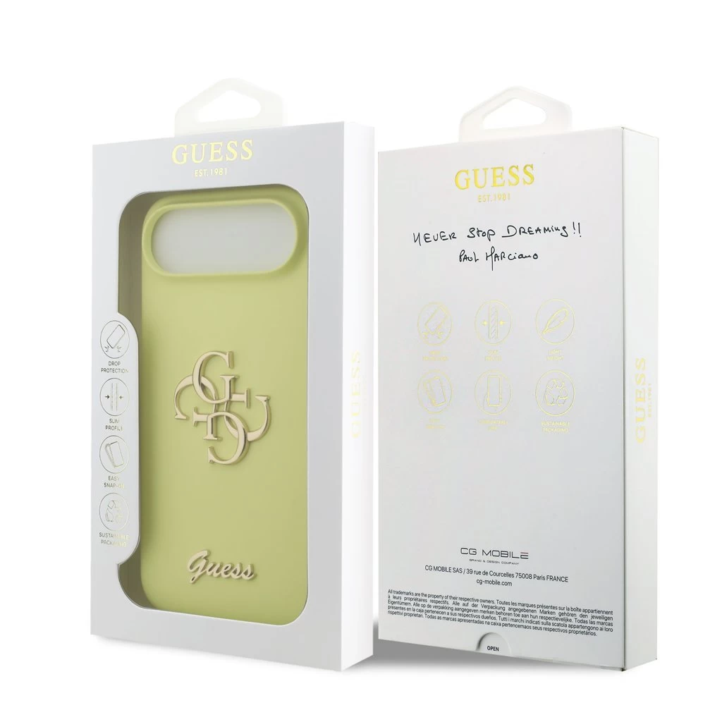 Guess Liquid Silicone 4G Metal Logo tok iPhone 17 Air készülékhez sárga