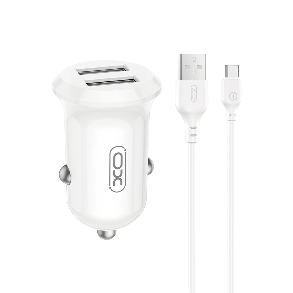 XO CC67 autós töltő szett 2*USB-A 12W fehér, USB-C kábellel