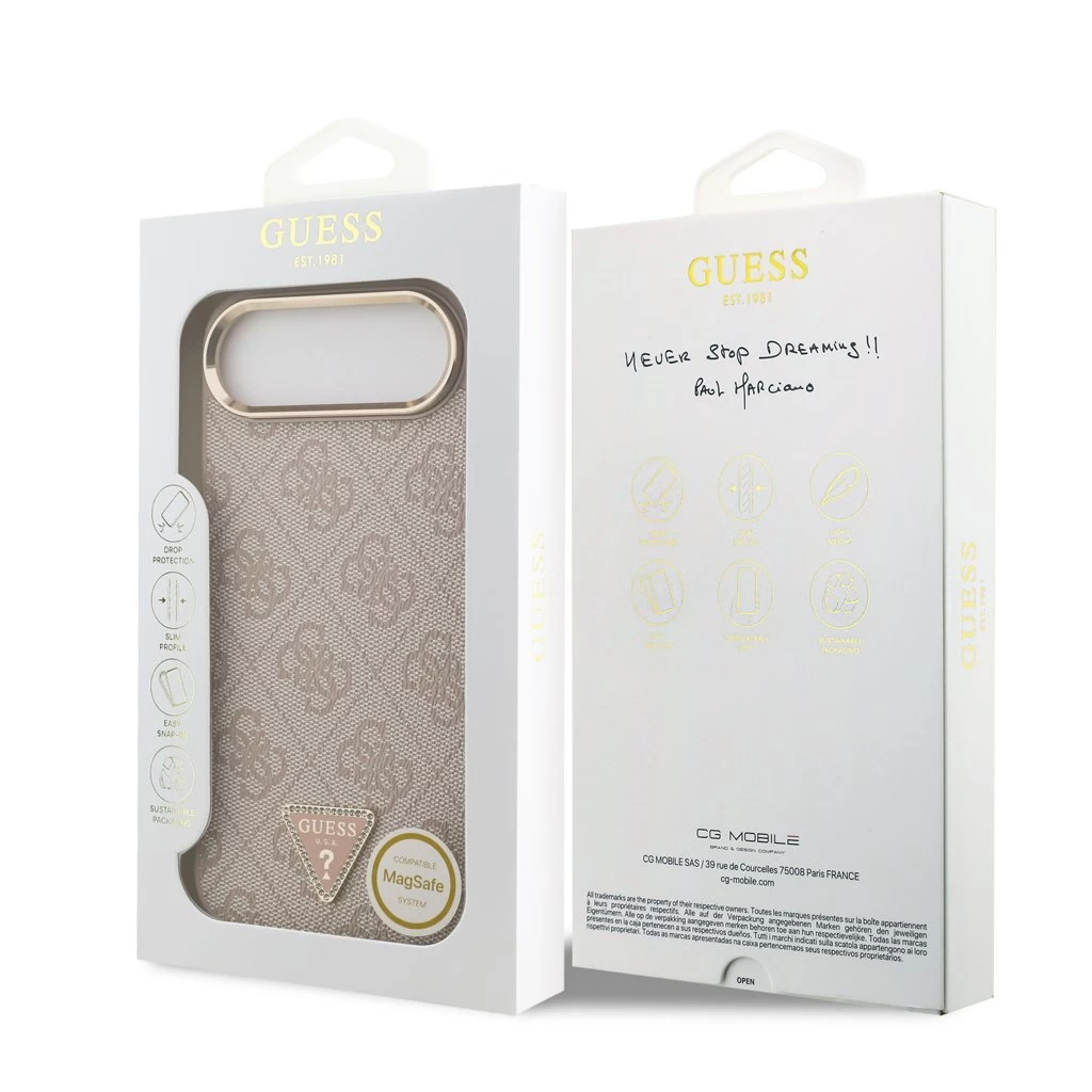 Guess PU Leather 4G Triangle Logo Gold Frame MagSafe tok iPhone 17 Air készülékhez rózsaszín