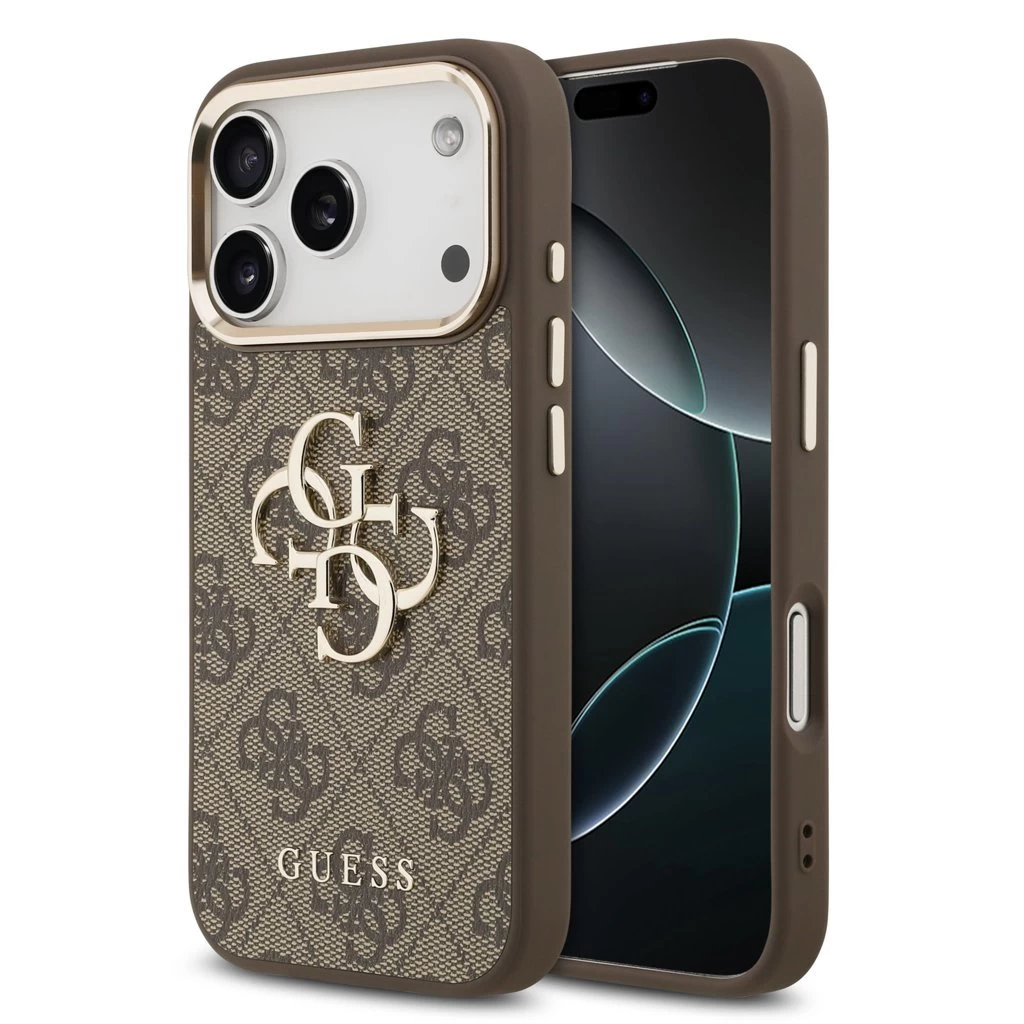 Guess PU Leather 4G Metal Logo Gold Frame MagSafe tok iPhone 17 Pro készülékhez barna
