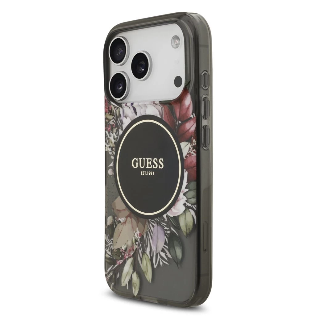 Guess IML Flowers Strap MagSafe tok iPhone 17 Pro készülékhez fekete