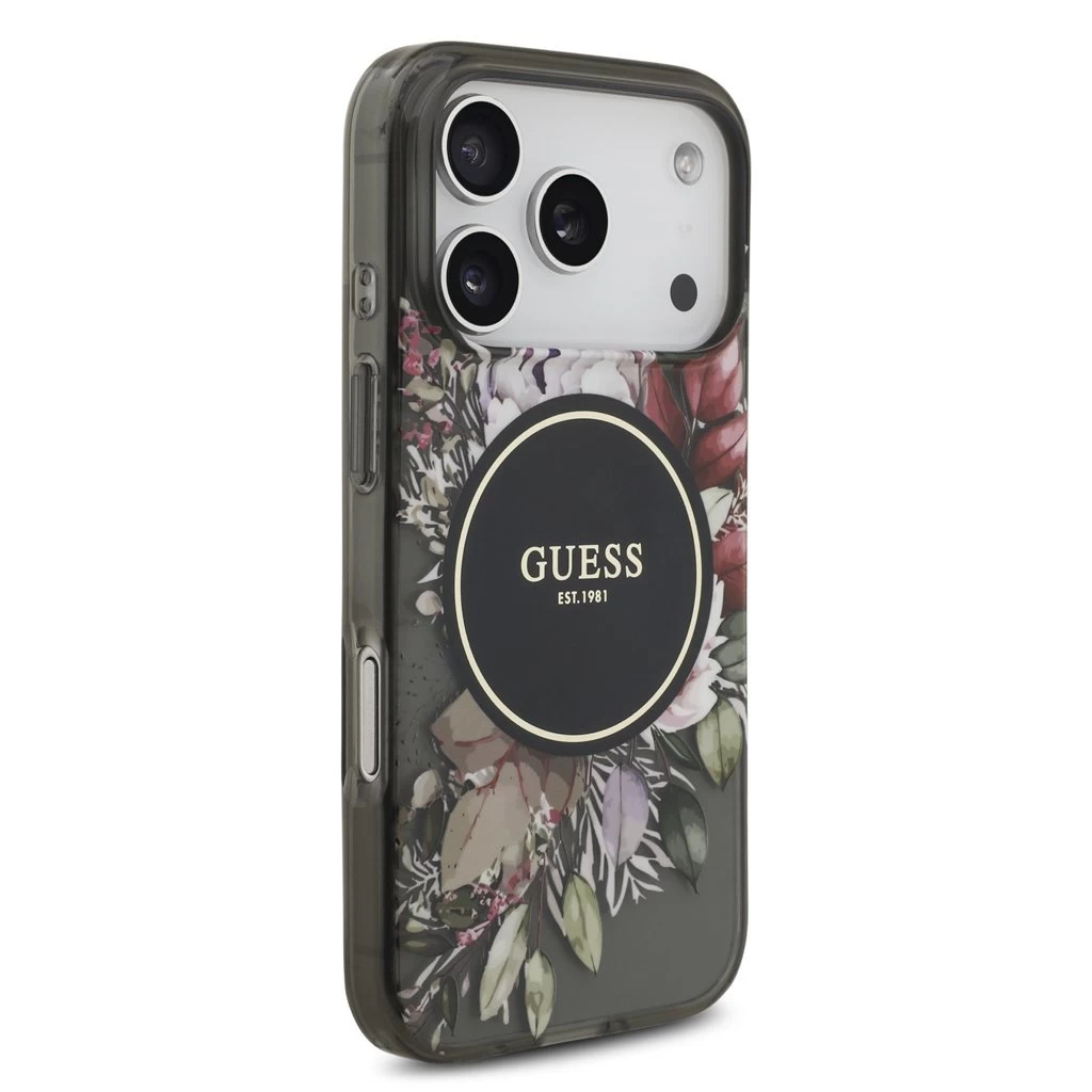 Guess IML Flowers Strap MagSafe tok iPhone 17 Pro készülékhez fekete