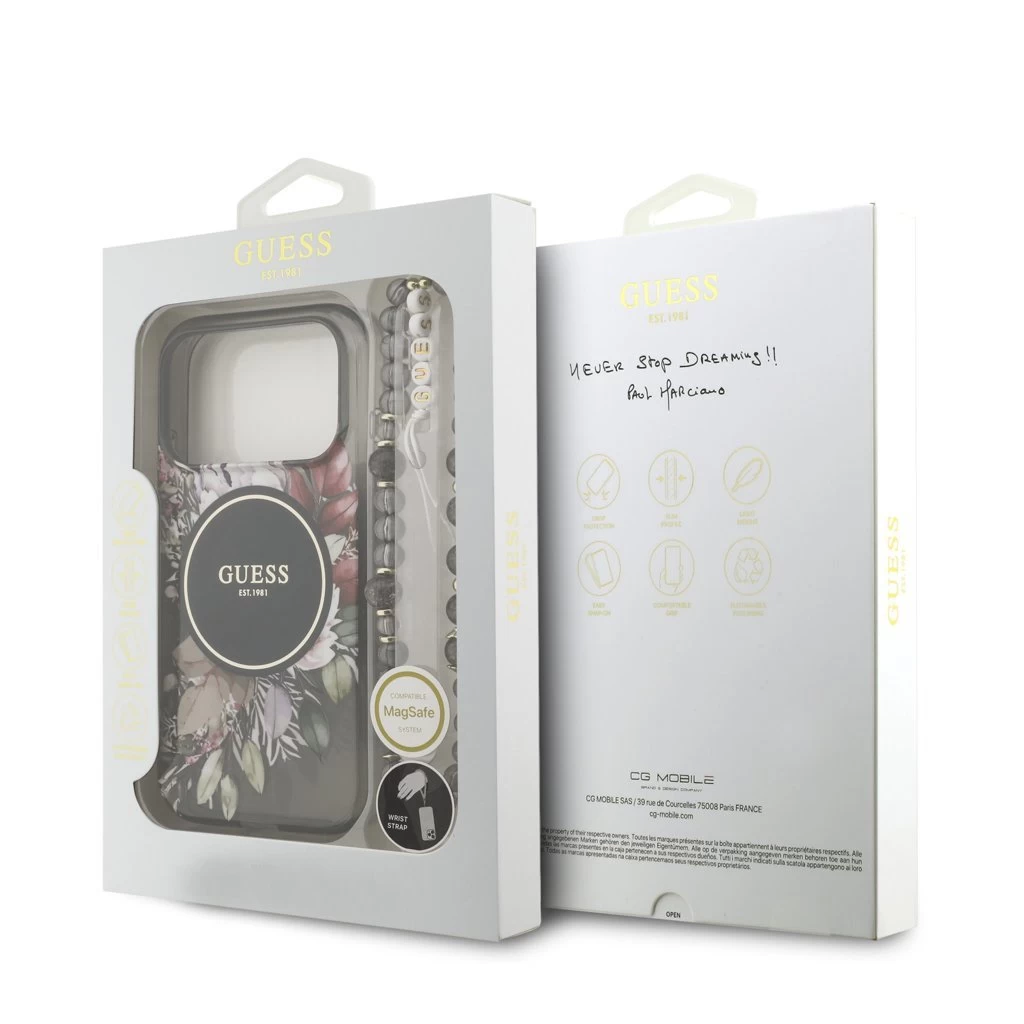 Guess IML Flowers Strap MagSafe tok iPhone 17 Pro készülékhez fekete