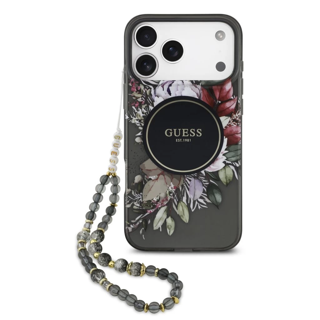 Guess IML Flowers Strap MagSafe tok iPhone 17 Pro Max készülékhez fekete