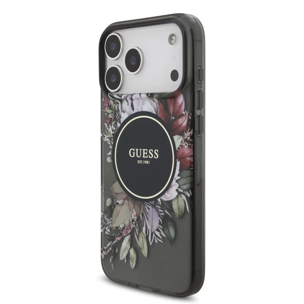 Guess IML Flowers Strap MagSafe tok iPhone 17 Pro Max készülékhez fekete