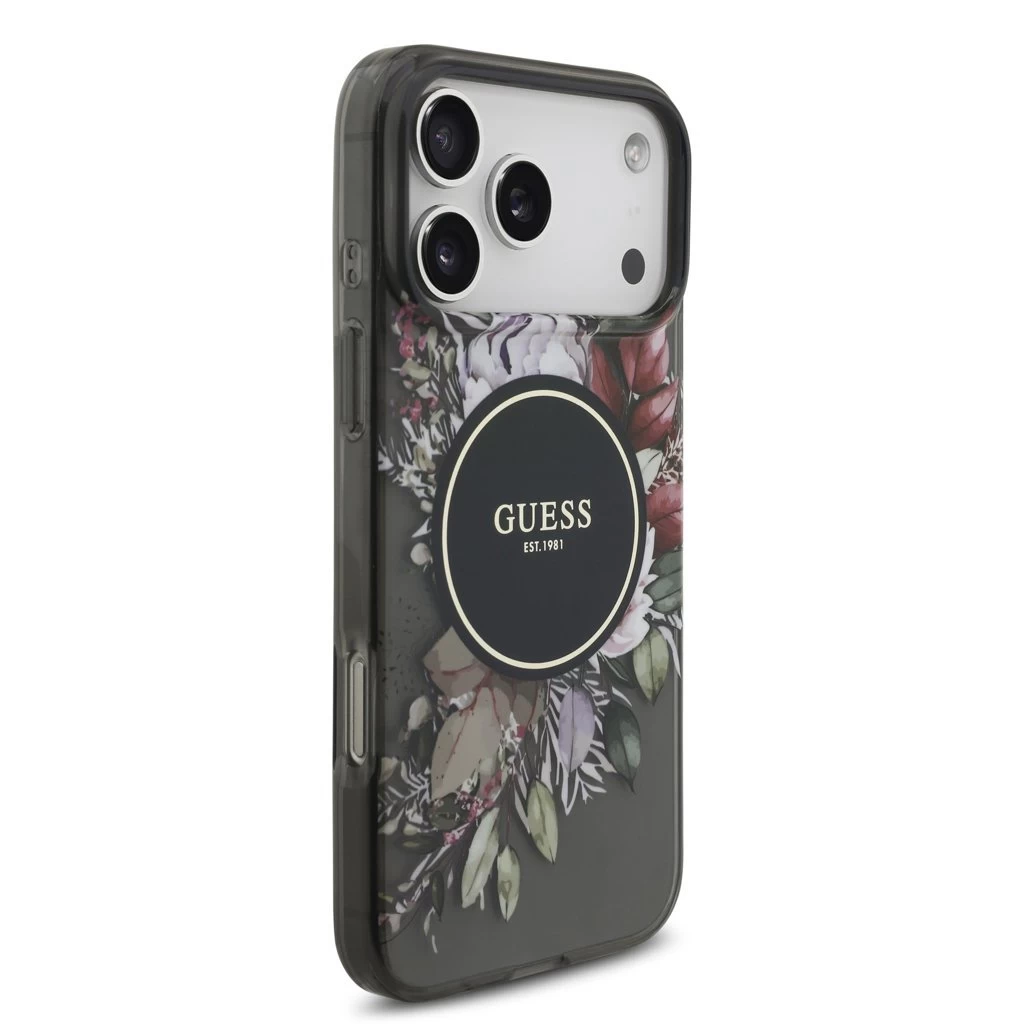 Guess IML Flowers Strap MagSafe tok iPhone 17 Pro Max készülékhez fekete