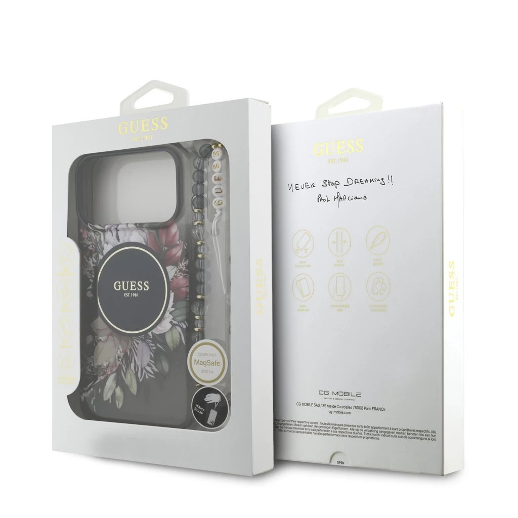 Guess IML Flowers Strap MagSafe tok iPhone 17 Pro Max készülékhez fekete