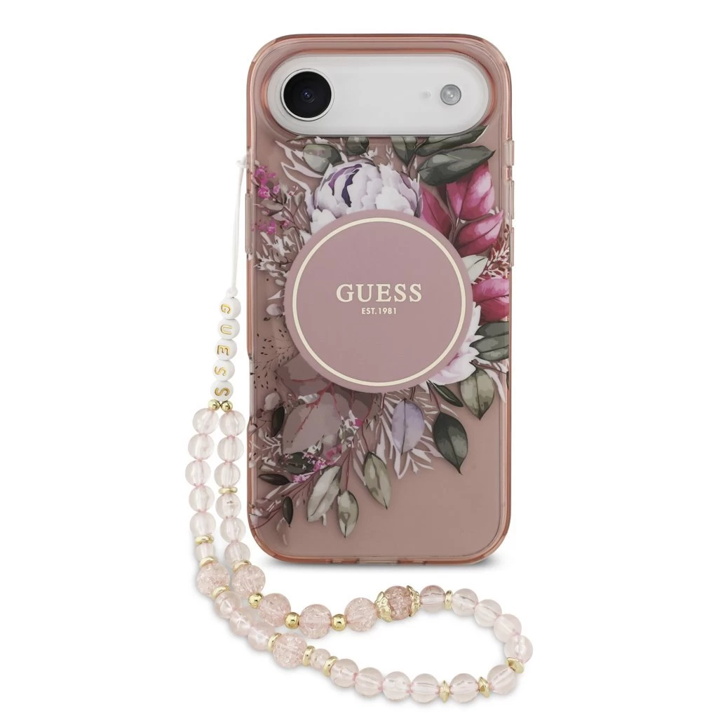 Guess IML Flowers Strap MagSafe tok iPhone 17 Air készülékhez rózsaszín
