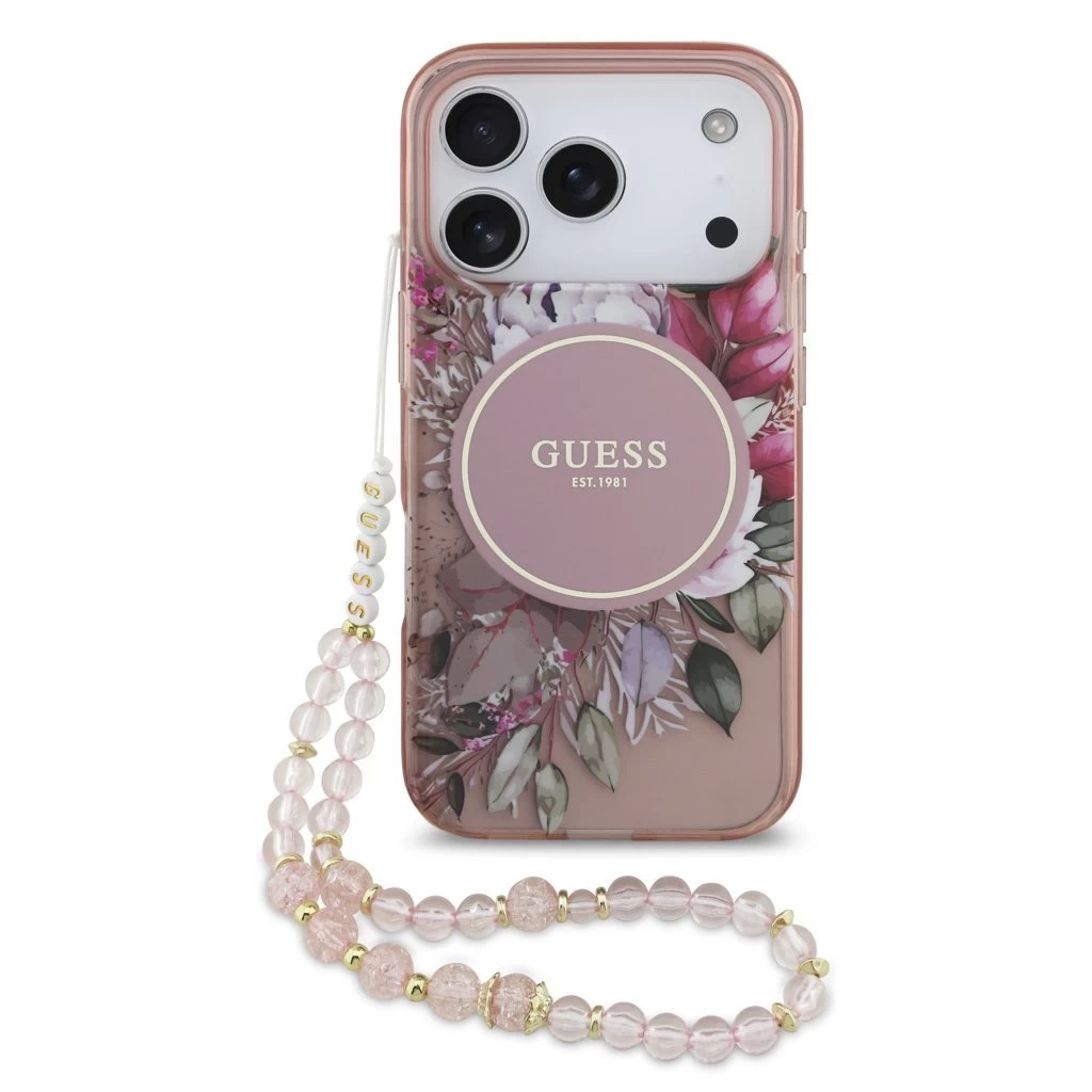 Guess IML Flowers Strap MagSafe tok iPhone 17 Pro készülékhez rózsaszín
