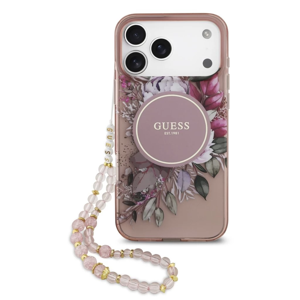 Guess IML Flowers Strap MagSafe tok iPhone 17 Pro Max készülékhez rózsaszín