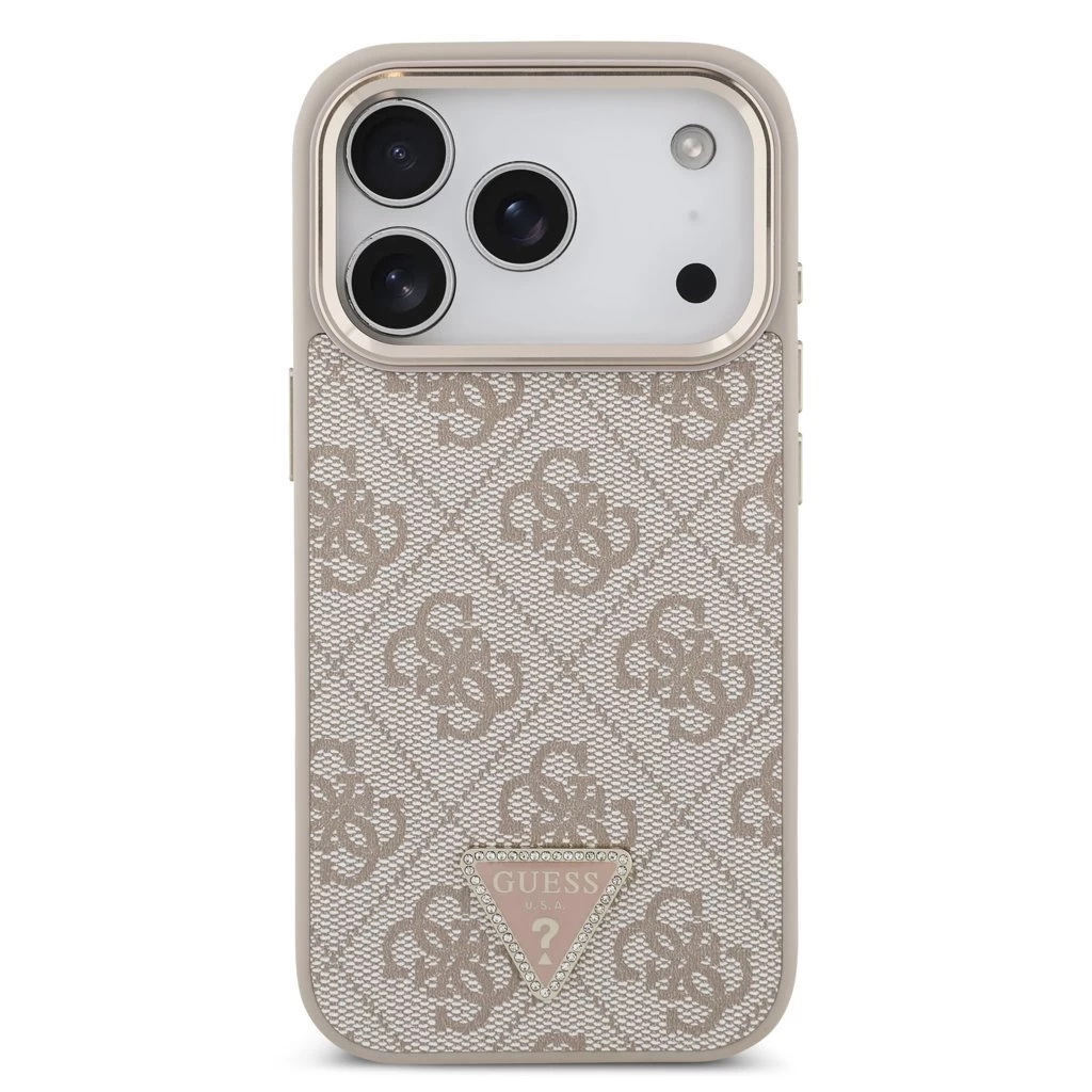 Guess PU Leather 4G Triangle Logo Gold Frame MagSafe tok iPhone 17 Pro készülékhez rózsaszín
