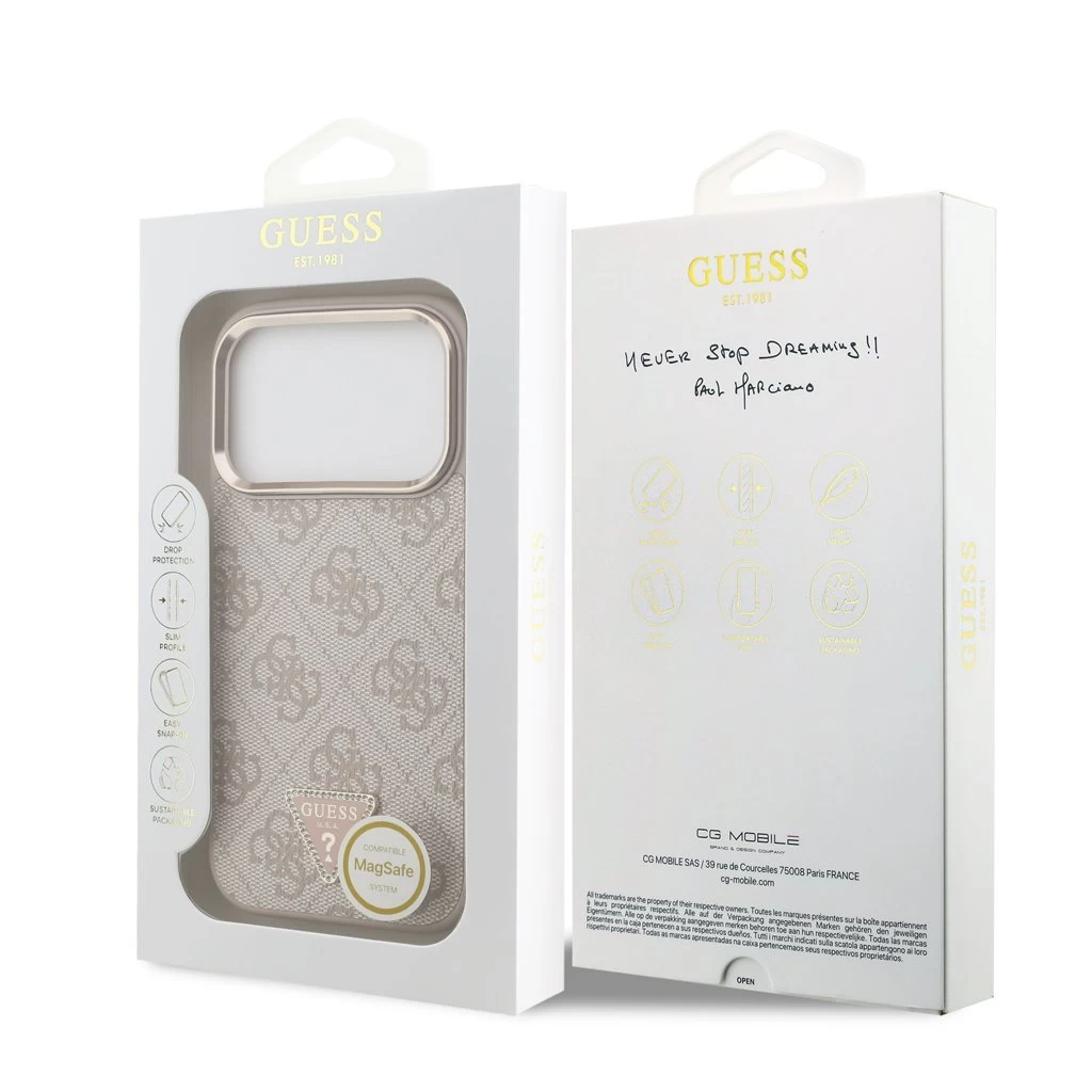 Guess PU Leather 4G Triangle Logo Gold Frame MagSafe tok iPhone 17 Pro készülékhez rózsaszín