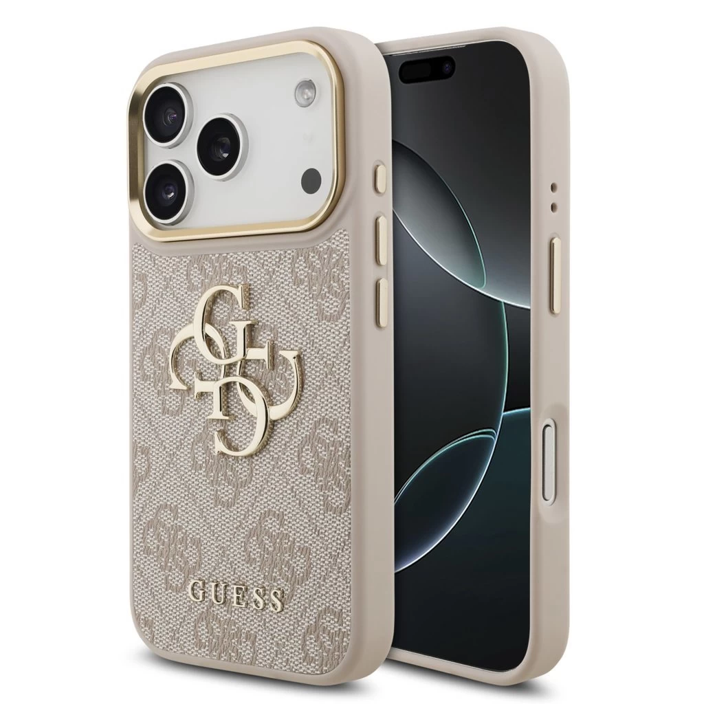 Guess PU bőr 4G Metal Logo Gold Frame MagSafe tok iPhone 17 Pro készülékhez rózsaszín