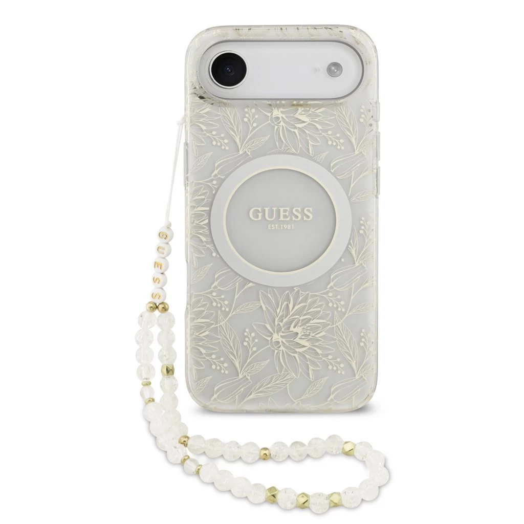 Guess IML Flowers Allover Strap MagSafe tok iPhone 17 Air készülékhez fehér