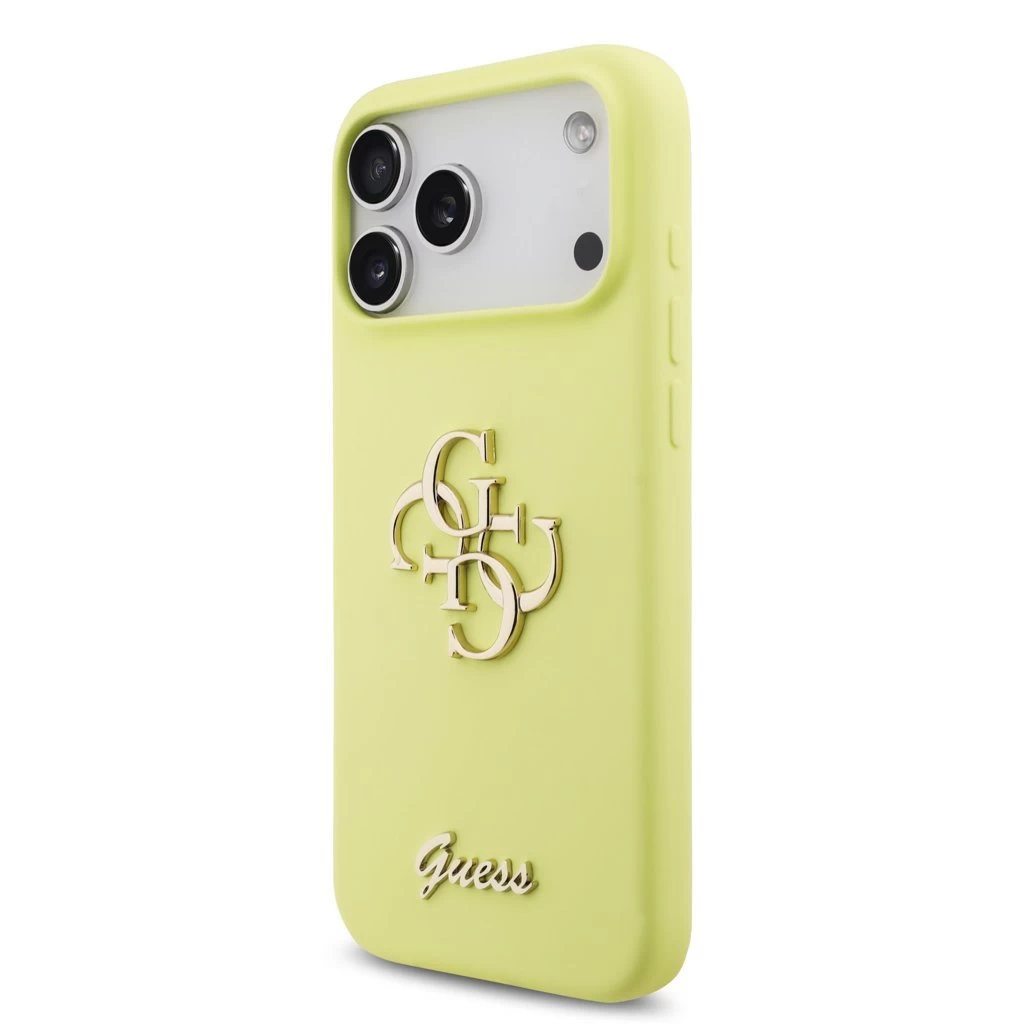 Guess Liquid Silicone 4G Metal Logo tok iPhone 17 Pro Max készülékhez sárga
