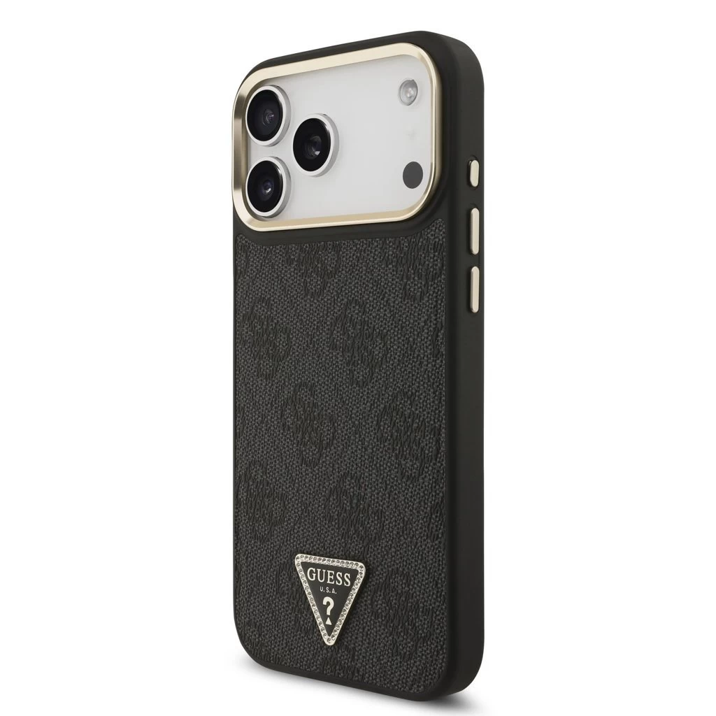 Guess PU Leather 4G Triangle Logo Gold Frame MagSafe tok iPhone 17 Pro Max készülékhez fekete