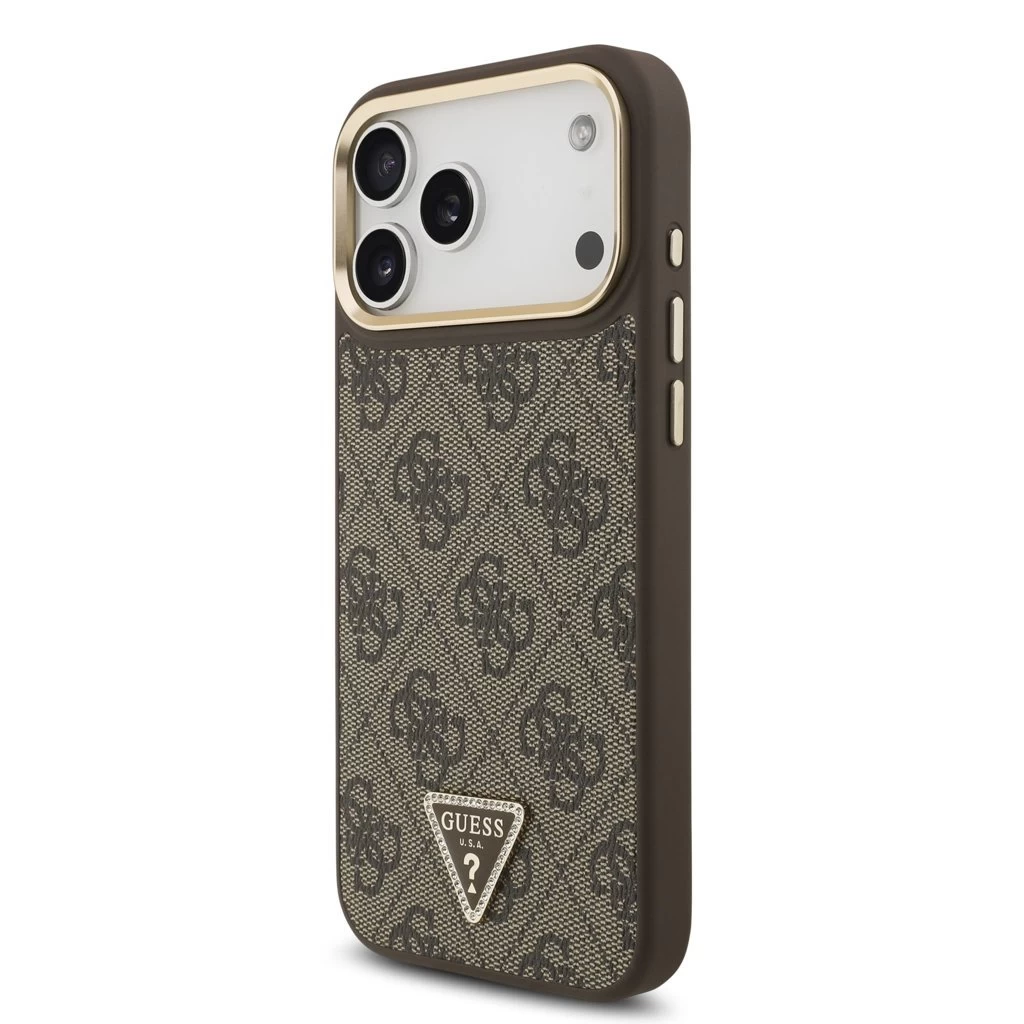 Guess PU Leather 4G Triangle Logo Gold Frame MagSafe tok iPhone 17 Pro Max készülékhez barna