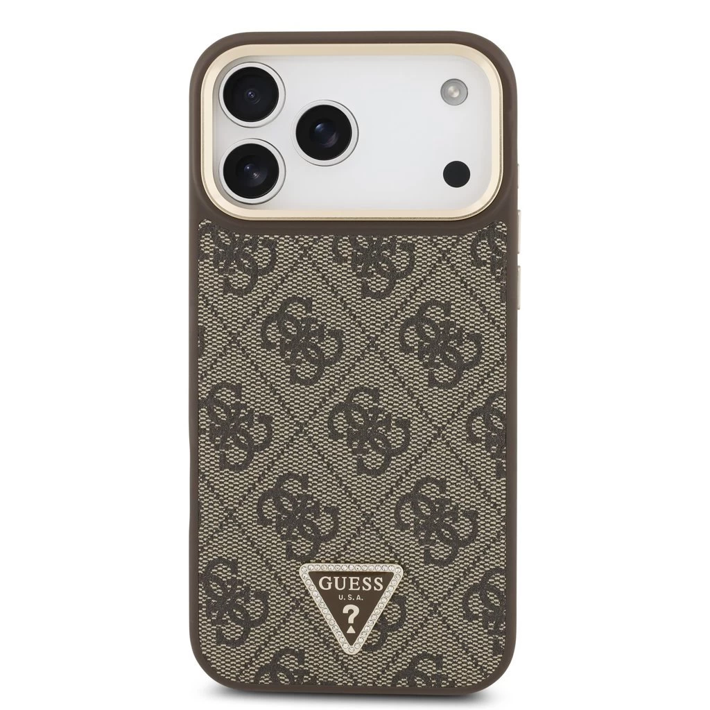 Guess PU Leather 4G Triangle Logo Gold Frame MagSafe tok iPhone 17 Pro Max készülékhez barna