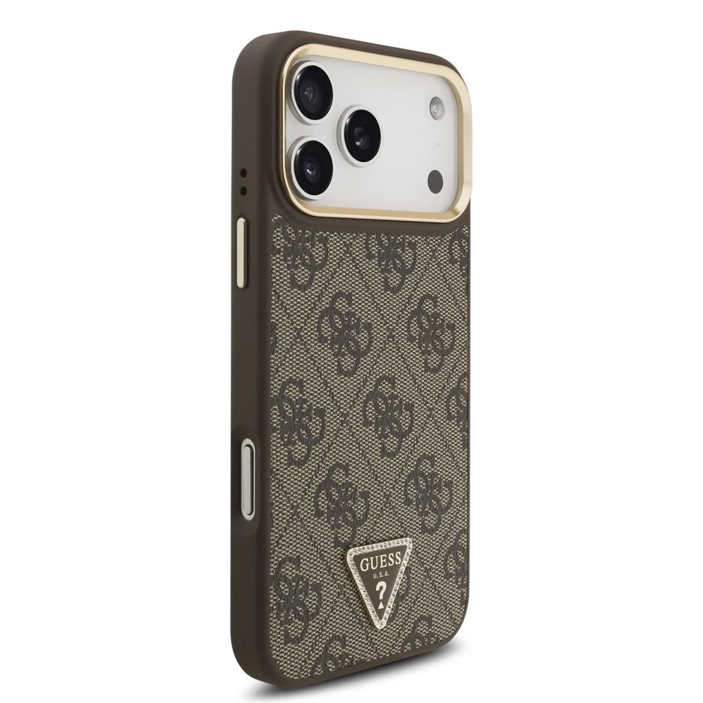 Guess PU Leather 4G Triangle Logo Gold Frame MagSafe tok iPhone 17 Pro Max készülékhez barna