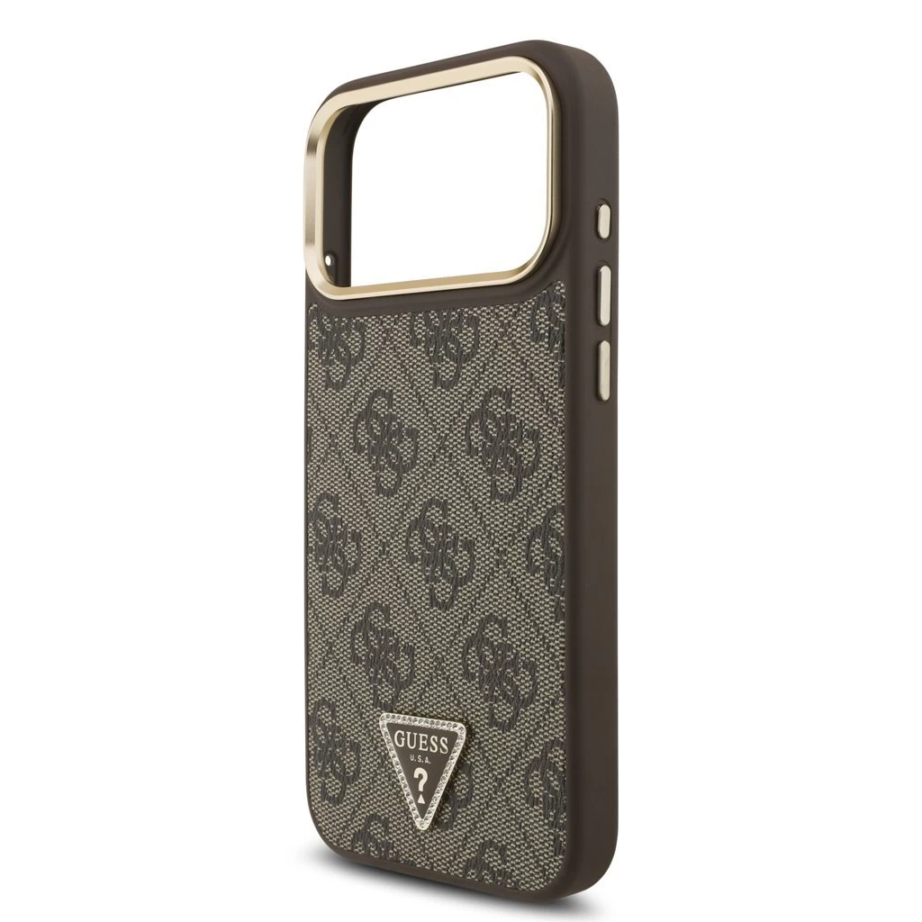 Guess PU Leather 4G Triangle Logo Gold Frame MagSafe tok iPhone 17 Pro Max készülékhez barna