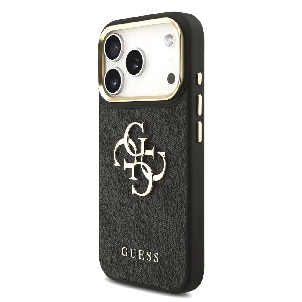 Guess PU bőr 4G Metal Logo Gold Frame MagSafe tok iPhone 17 Pro készülékhez fekete