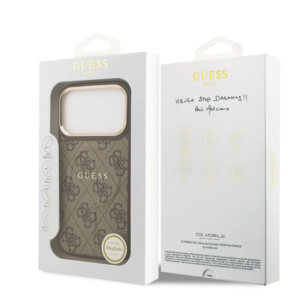 Guess PU Leather 4G Gold Frame MagSafe tok iPhone 17 Pro készülékhez barna